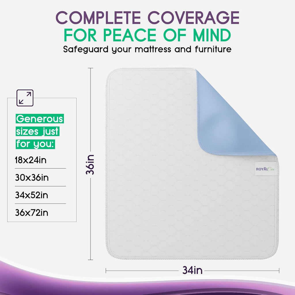 Skiennix Incontinence Bed Pads - Reusable Waterproof Underpads for Chairs & Mattresses - Highly Absorbent, Machine Washable - 34x36 Inches (Pack of 4), Blue