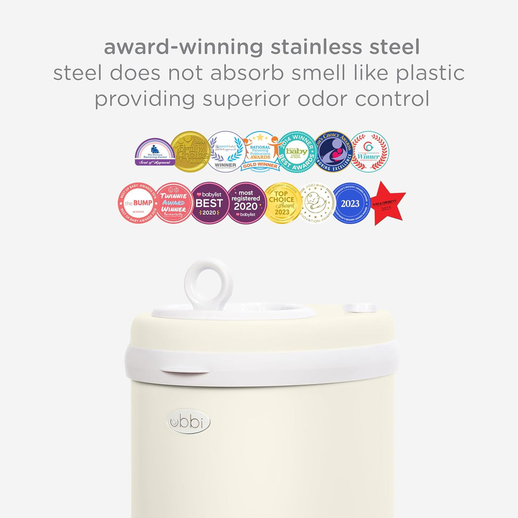 Ubbi Stainless Steel Diaper Pail - Odor Locking Design, No Special Bag Needed | Award-Winning Matte Ivory