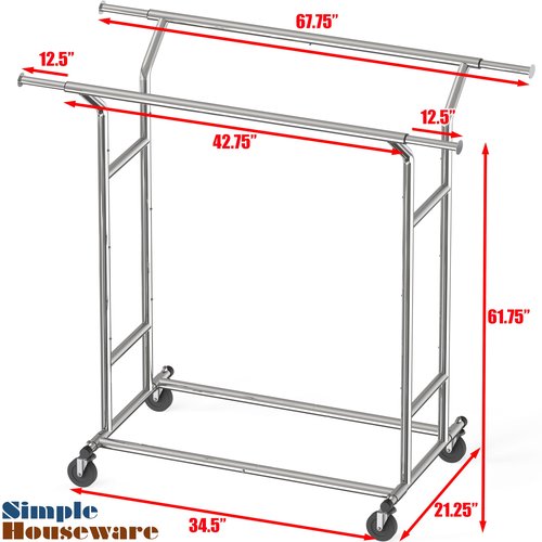 Simple Houseware Heavy Duty Double Rail Clothing Garment Rack, Holds Up to 200 lbs, 43 to 67 Inches Extendable Rod, Chrome