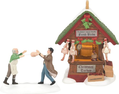 Department 56 Dickens Village | Dressed for the Turkey Auction Lit Building & Figurine Set - 4.8 Inch, Multicolor