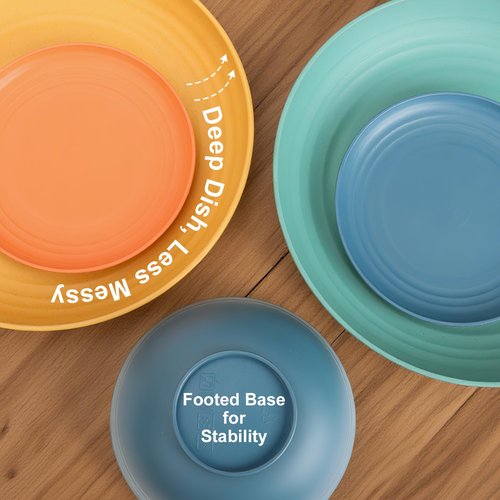 BUSOKIP Wheat Straw Dinnerware Sets for 8, Unbreakable Plates and Bowls Sets for 8, 32-Piece Dishes Set, Microwave Safe Plastic Plates Reusable, Cups and Bowls Sets for Kitchen, Outdoor - Multi