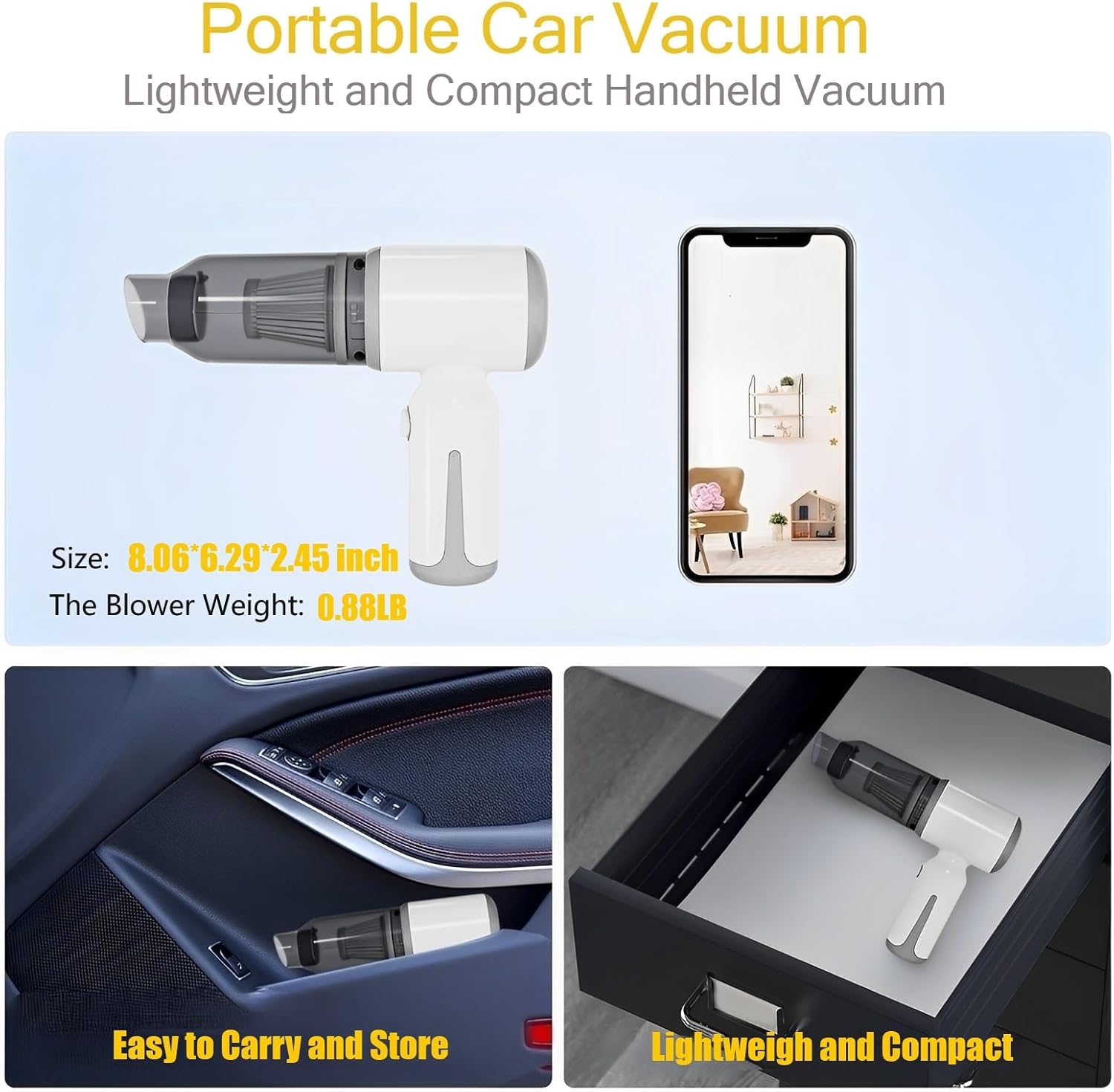 Skiennix Mini Cordless Car Vacuum - High Power 9000PA Suction | Portable 3-in-1 Handheld Cleaner