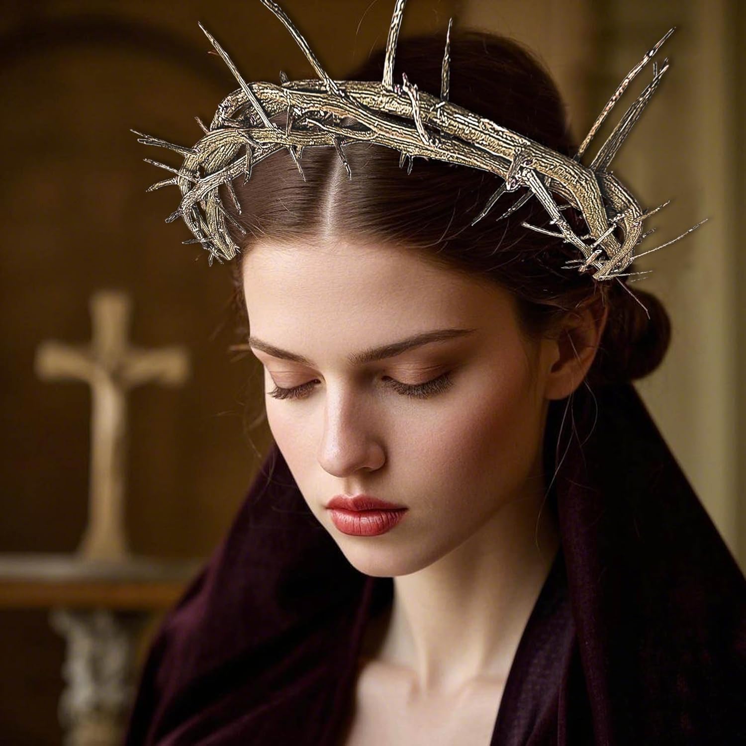 Skiennix Crown of Thorns Set - 5 Pcs with 8'' Jesus Thorn Crown & 3 Crucifix Nails | Easter Christian Decor