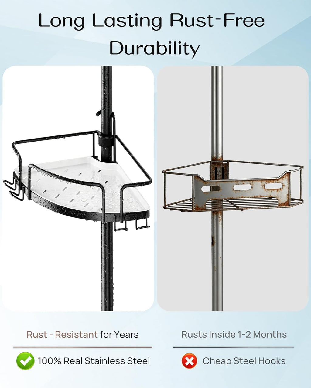 ALLZONE Corner Shower Caddy - Rustproof Stainless Steel Tension Pole with 4 Baskets & Extra Hooks | Fits 34–116 Inch, Black/White