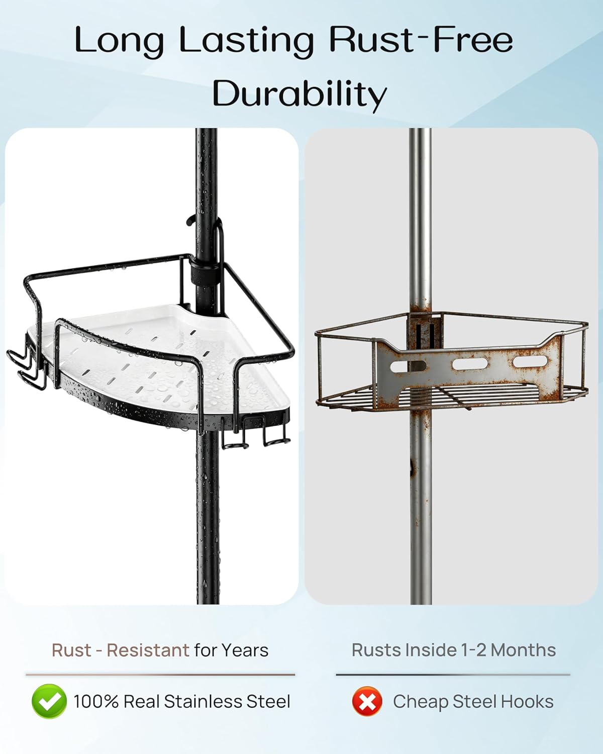 ALLZONE Corner Shower Caddy - Rustproof Stainless Steel Tension Pole with 4 Baskets & Extra Hooks | Fits 34–116 Inch, Black/White