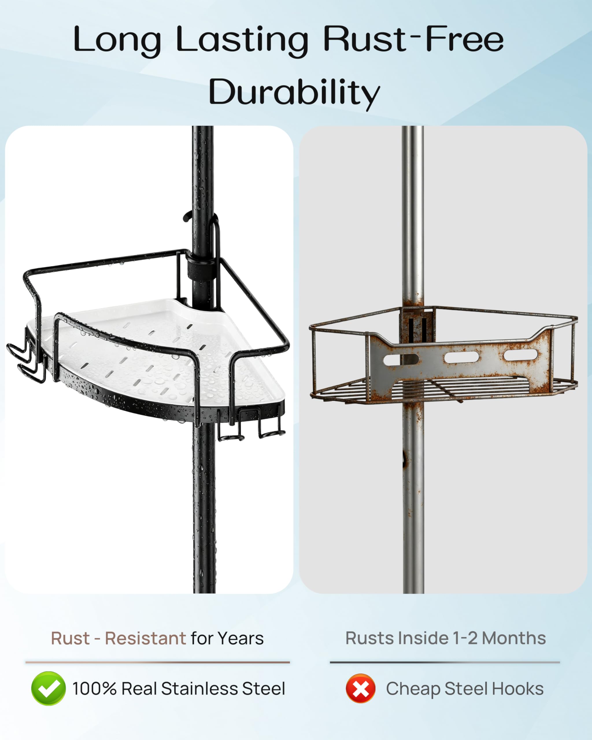 ALLZONE Corner Shower Caddy Tension Pole, 4 Hang-On Basket with Mixed-Height Shelves for Various Bottle Sizes, Extra Hooks & Soap Holder, Rustproof Stainless Steel, Fits 34–116 Inch, Silver