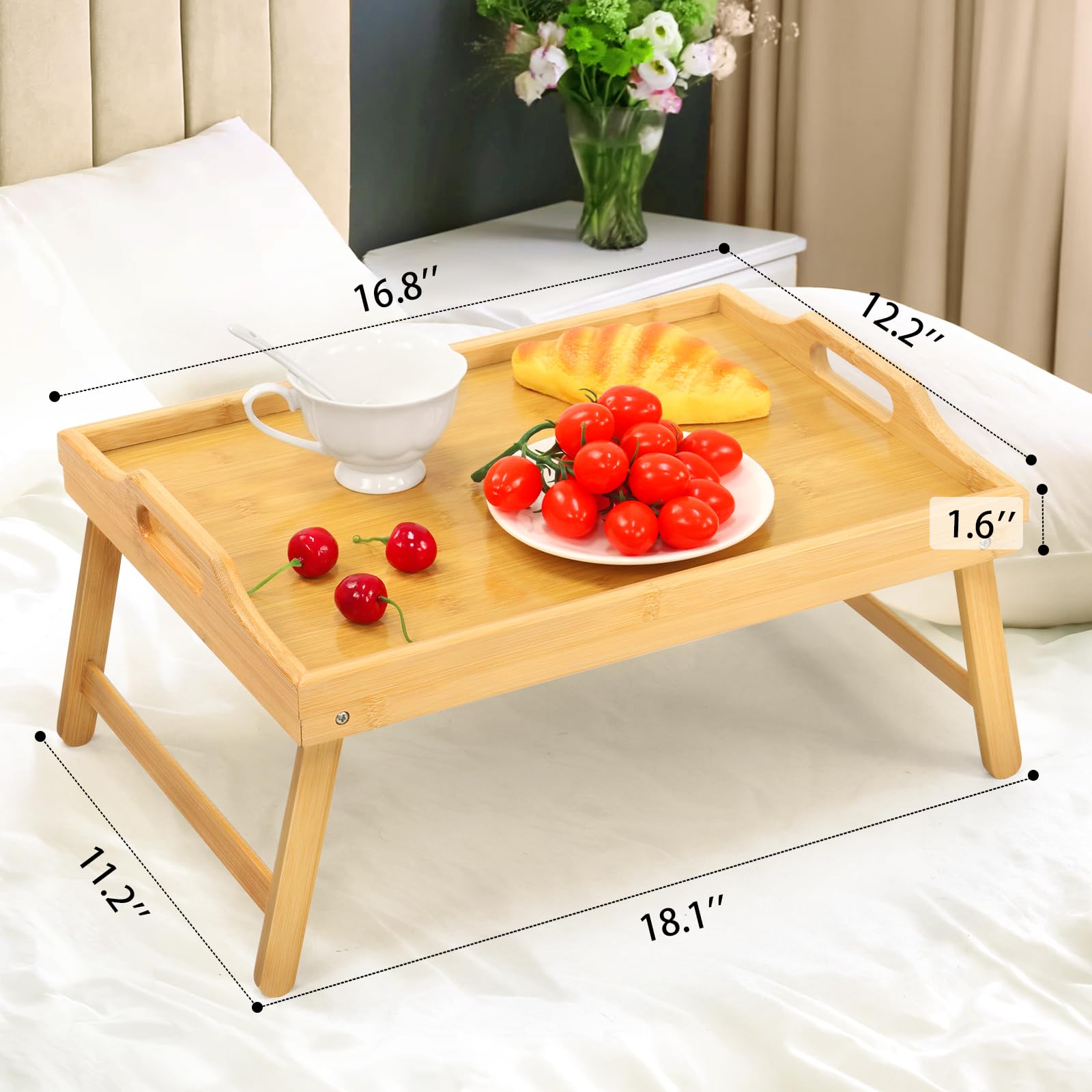 Bamboo Bed Tray Table, Folding Legs and Handles, Breakfast Tray, Laptop Desk for Bed or Sofa, Serving Tray for Eating, Working, Reading,Picnic