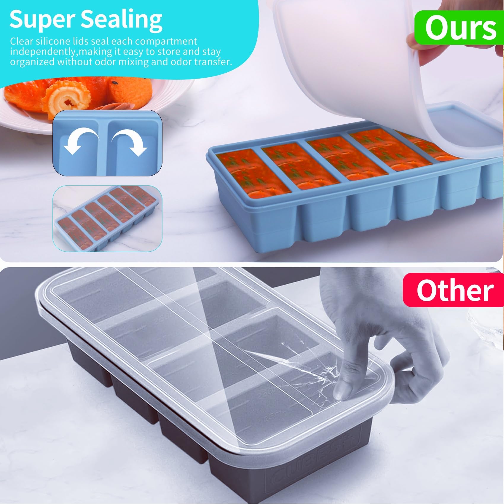 1/2 Cup Silicone Freezer Tray With Lid - Silicone Freezer Molds 2-Pack For meal prep & freezing of various sauces and other dishes, makes 12 perfect 1/2 cup portions cubes (Blue 2 Pack)