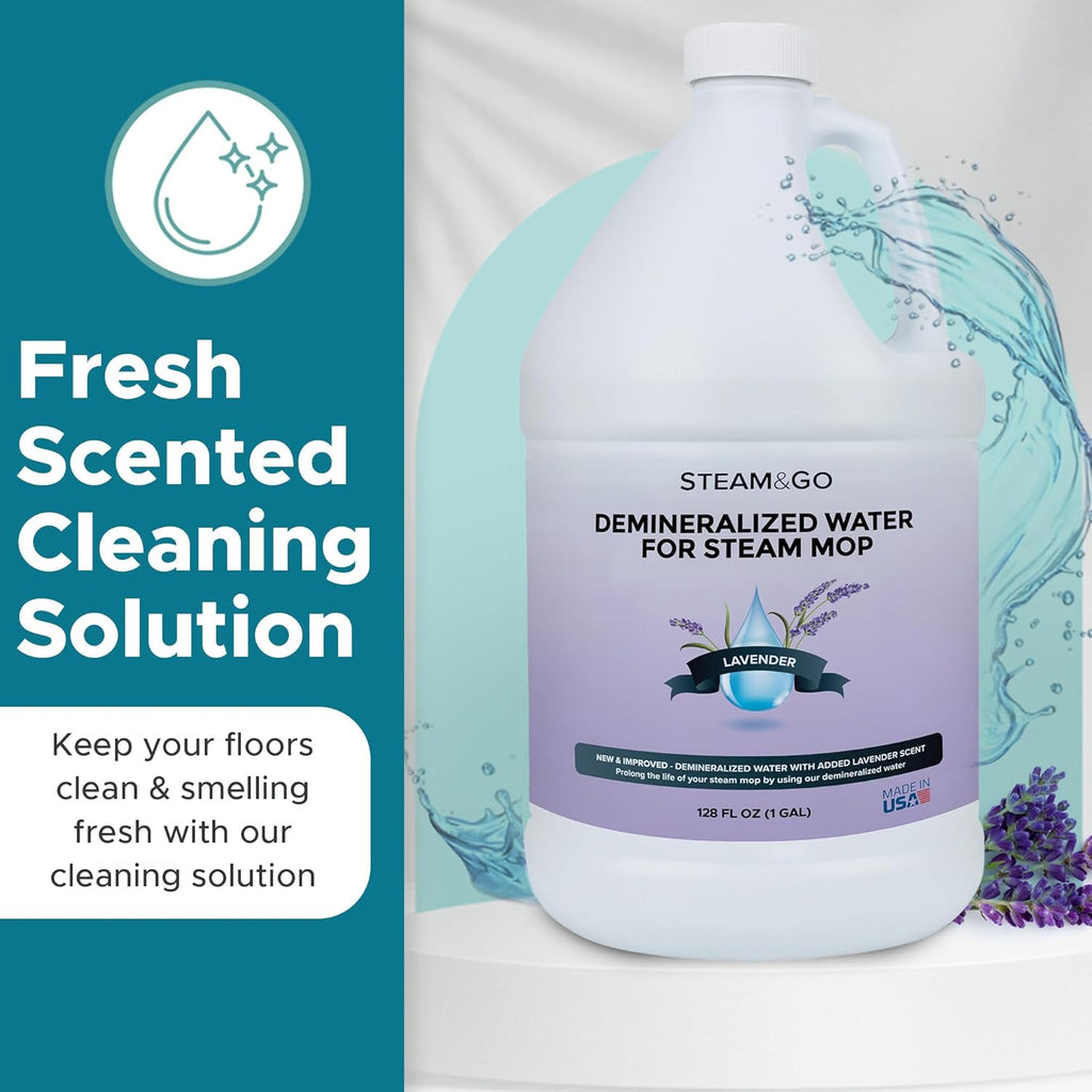 Steam & Go Demineralized Water | PVC-Free Multi-Surface Cleaner for All Steam Mops - Lavender Scent, 128 Fl Oz