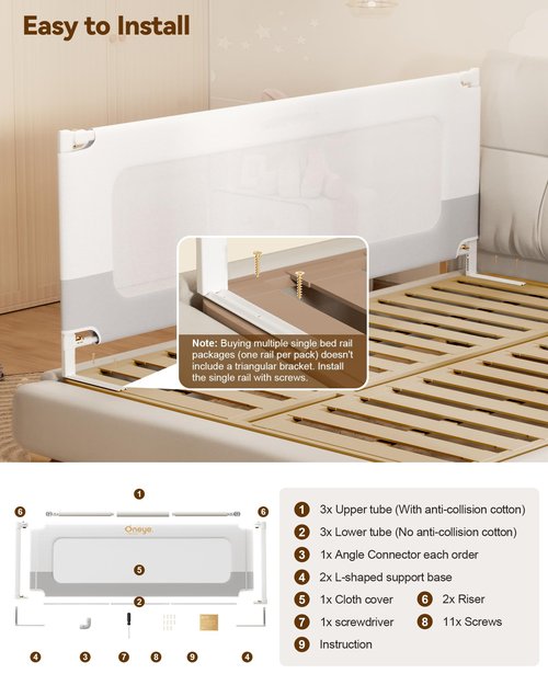 Baby Bed Rail Guard for Toddlers, Reinforced 74.8in Toddler Bed Rails for Twin, Full, King bed with Height Adjustable, Extral Tall Child Safety Side Railing Guards/Bedrail for Kids, White/Grey, 1 Side