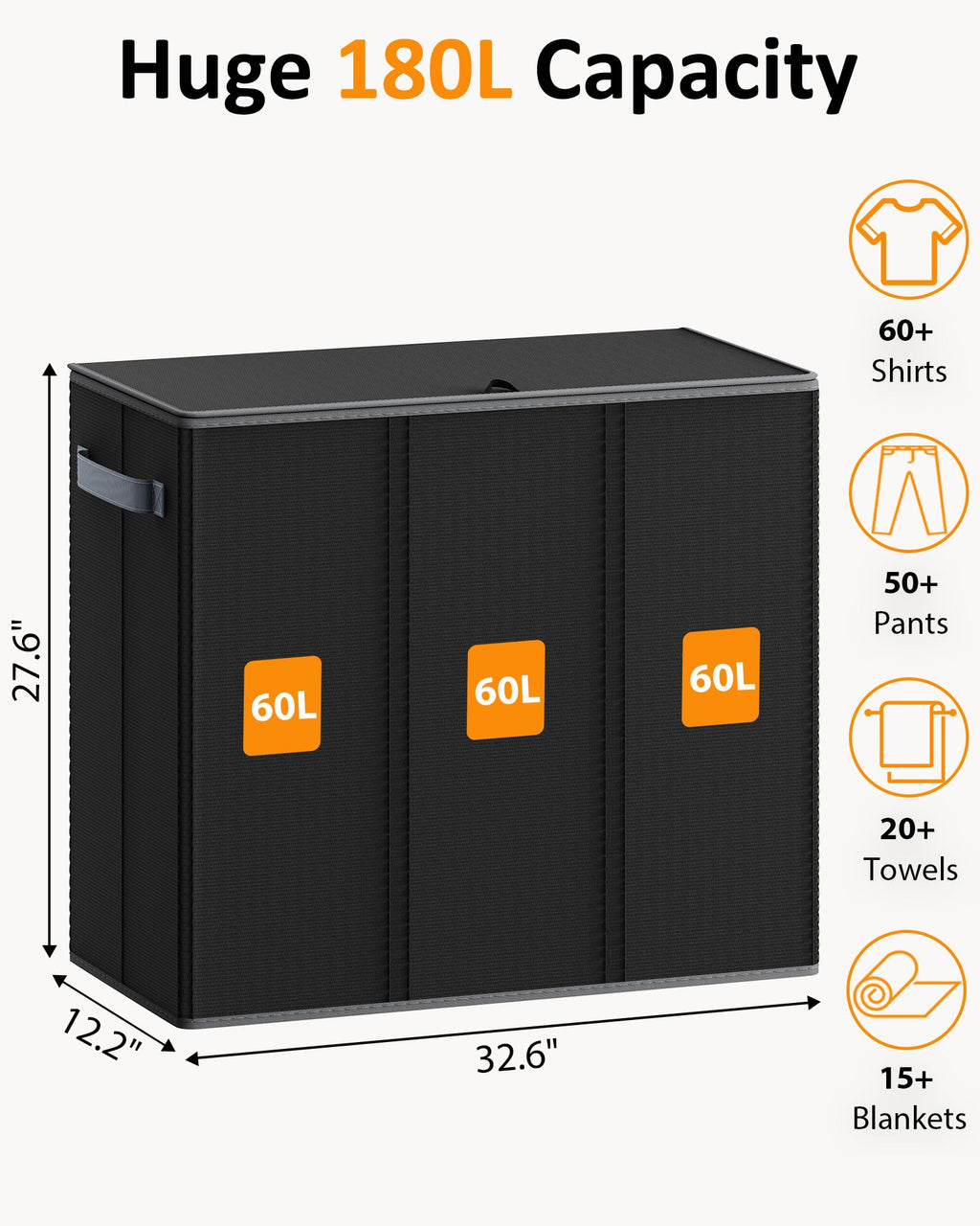 Optish 180L Laundry Hamper 3 Section, Large Laundry Hamper with Lid, Dirty Clothes Hampers with Handles, Laundry Basket Organizer for Laundry, Bedroom, Bathroom, Laundry Sorter Baskets, Black