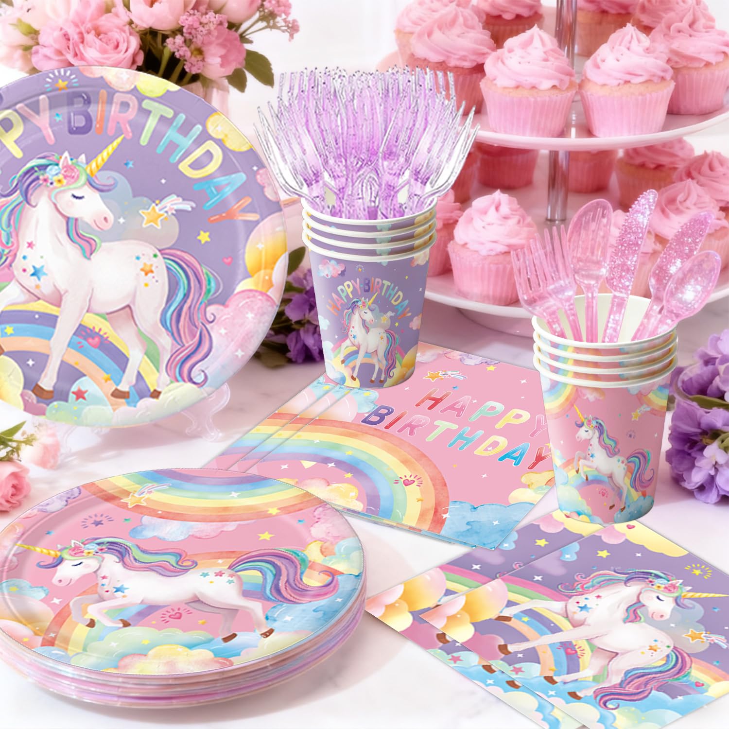 NKPDAXM Unicorn Birthday Decorations - Plates, Napkins, Cups, Cutlery, Hanging Swirls, Banner, Honeycomb Centerpiece, Balloons, Tablecloths for Rainbow Girls Birthday Party Decorations, Serves 24