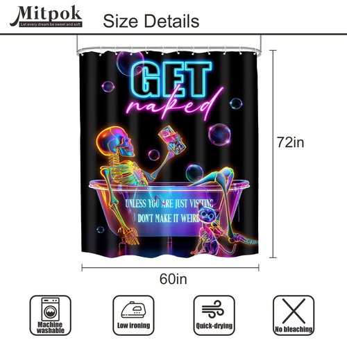 Mitpok Neon Funny Skull Shower Curtain 60Wx72H Skeleton Gothic Spooky Unique Cool Bone in Bathtub Bubbles Black Halloween Cat Modern Bathroom Decor Colorful Bath Curtain Fabric Polyester 12 Pack Hooks