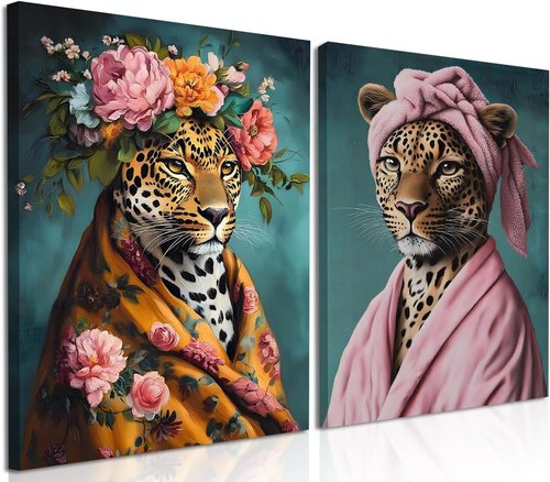 Leopard Wall Art Set by Funny Bathroom - Eclectic Bathrobe Decor | Aesthetic Canvas Prints 12x16