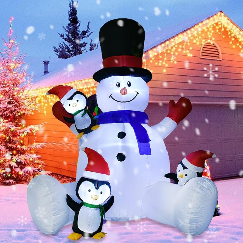 7 ft Lighted Christmas Inflatable Snowman with Three Penguins - Outdoor Holiday Yard Decor