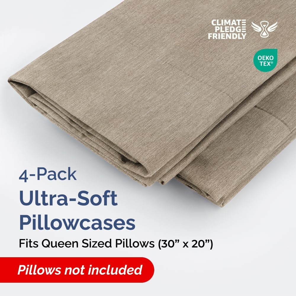 Skiennix Queen Pillow Cases Set of 4 - Ultra Soft Hotel Quality - Wrinkle Free & Fade Resistant - Heathered Beige