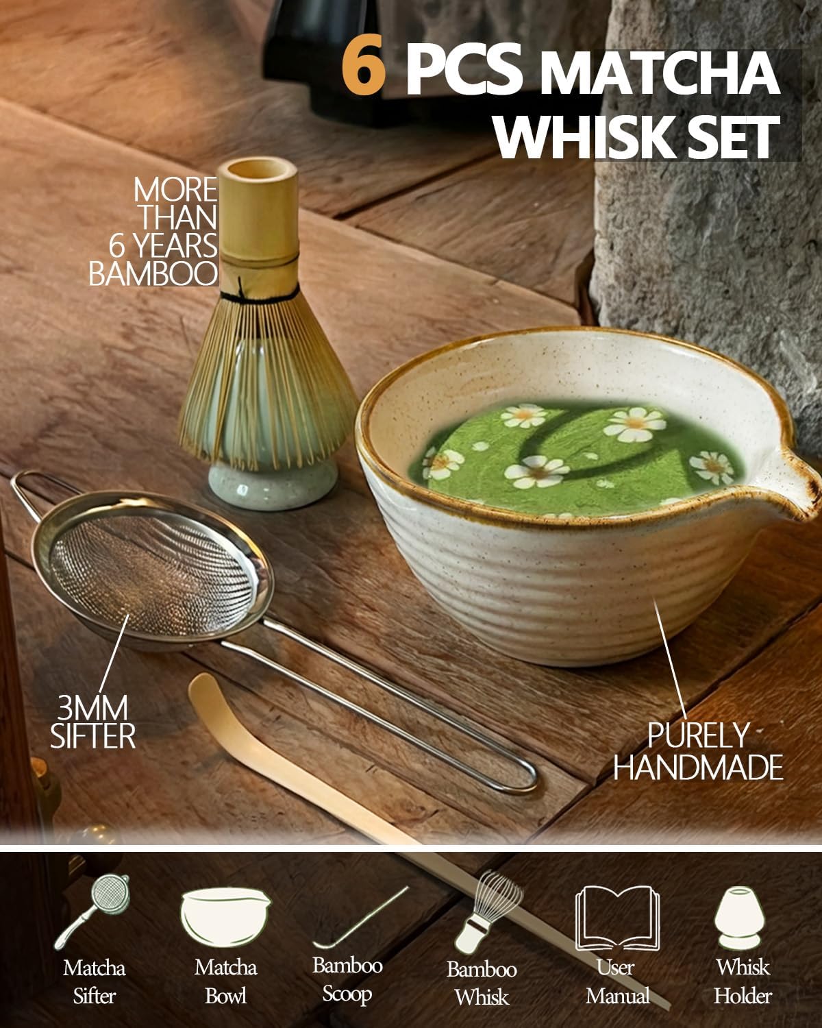 Vaiheng Matcha Whisk Set - Complete Kit with Bowl, Whisk Holder, Scoop & Sifter | Perfect Gift for Tea Lovers