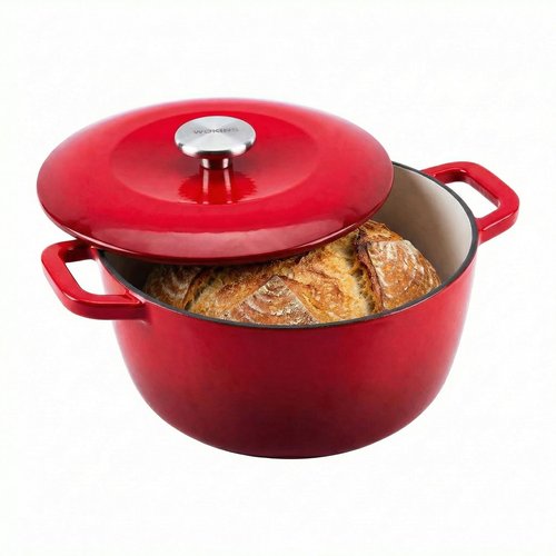 WOKINS 7QT Enamel Cast Iron Dutch Oven with Lid,Dual Handles,Versatile Heavy-Duty Non-toxic Cookware for Sourdough Bread Baking,Braising,Stews,Roasting,Oven Safe up to 500°F red