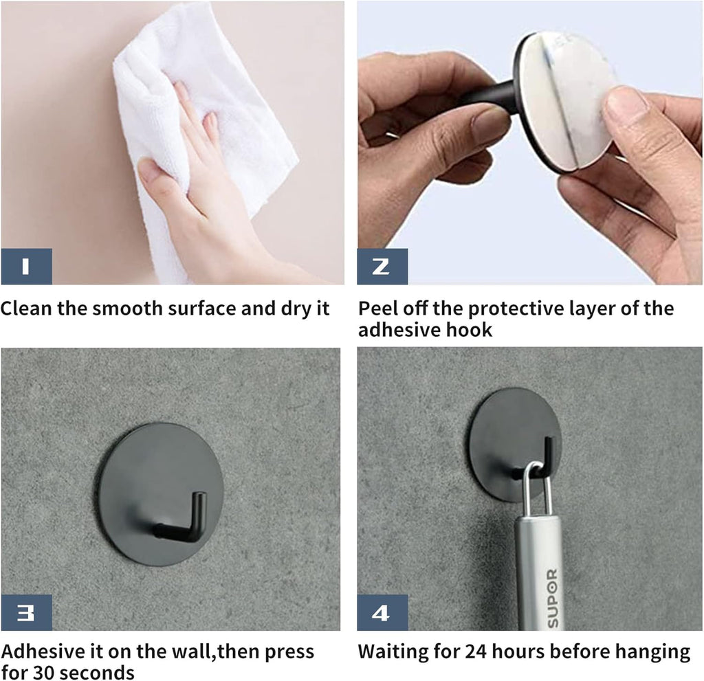 Rise Age Heavy Duty Adhesive Hooks - Waterproof Shower Hooks for Loofahs, Towels & Clothes | 4 Pack, Black Stainless Steel