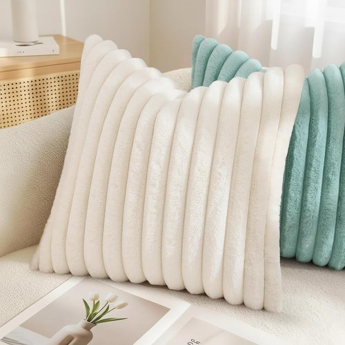 decorUhome Faux Fur Throw Pillow Covers - Set of 2 Soft Plush 18x18 Decorative Cases | Cream White