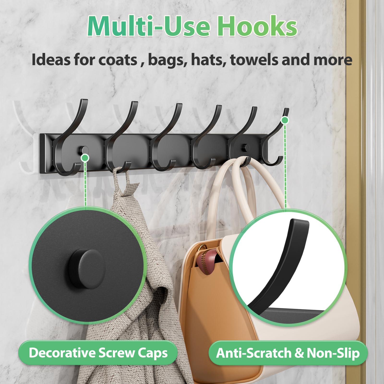 Geobella Coat Rack Wall Mount with 6 Hooks (Black, 1 Pack), Heavy Duty Coat Hooks Wall Mount for Entryway, Bedroom, Closet, Wall Hooks for Hanging Hats, Bags, Purses