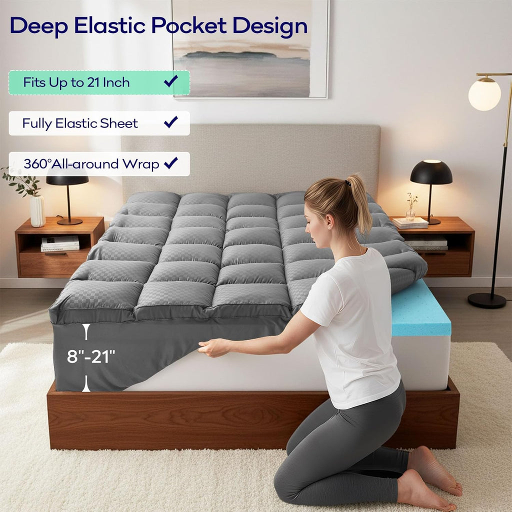 OLANLY Memory Foam Mattress Topper - Dual-Layer 4 Inch Queen Size for Back Pain Relief | Cooling Pillow Top, Grey