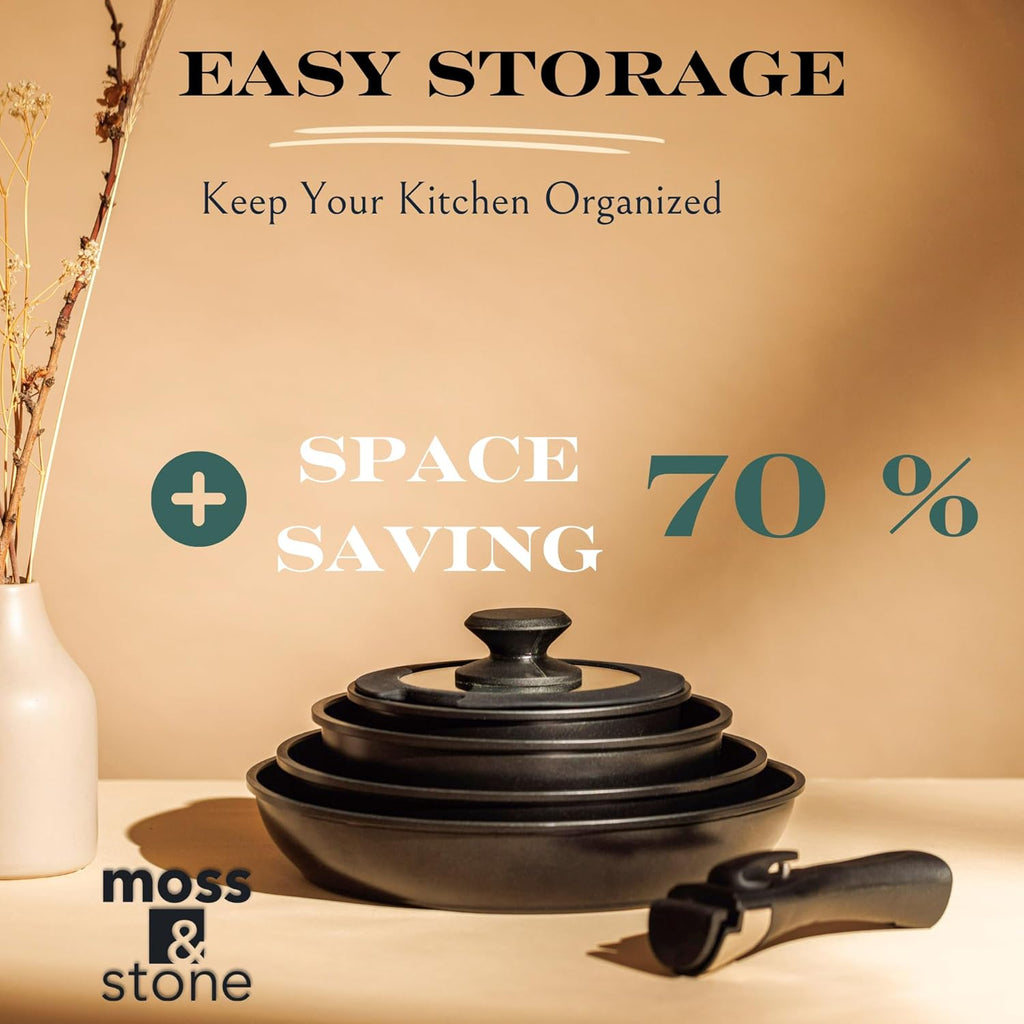 Moss & Stone Nonstick Cookware Set - 10-Piece Space-Saving Pots and Pans with Removable Handles | RV & Induction Ready