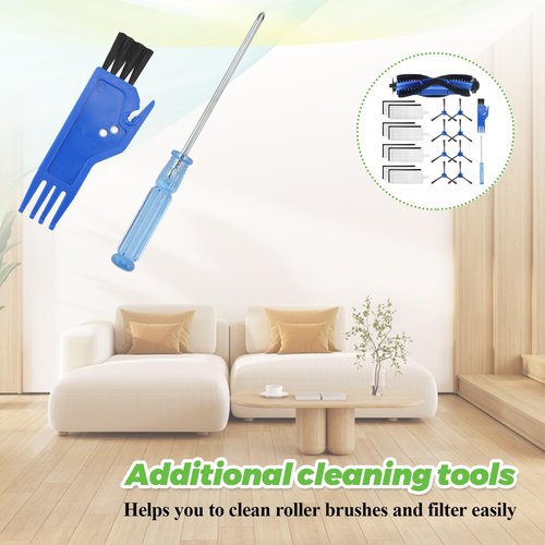 Replacement Parts for Eufy Robovac 11s, 12, 15C, 15T, 25C, 30, 30C, 35C Vacuum Parts, the eufy filter replacement parts include: 8 side brushes, 8 hepa filters, 1 rolling brush, 1 cleaning brush