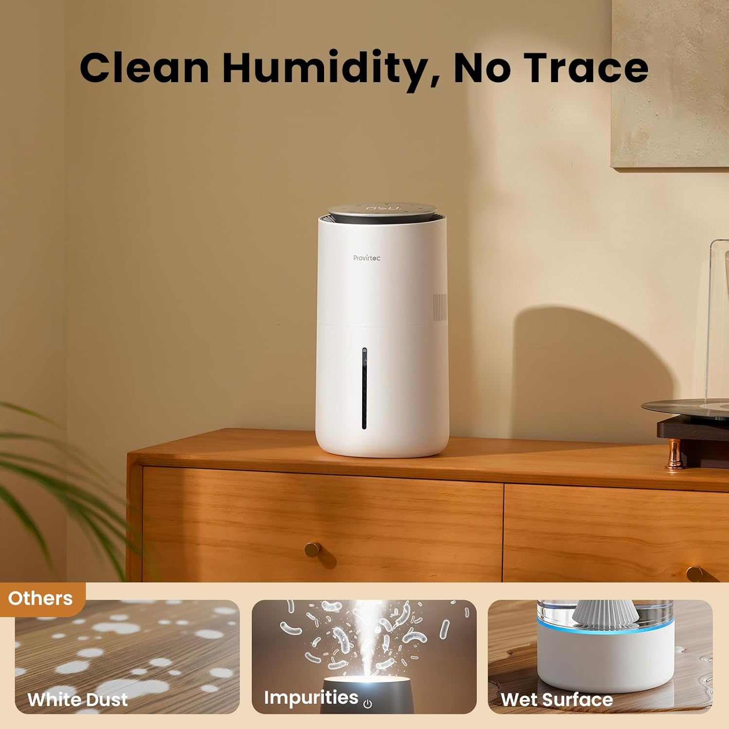 Provirtec MistFree Evaporative Humidifier - 3L Capacity, Auto Humidity Control, Night Light & Easy Clean Tank