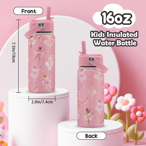 ROVOZAR Ballet Water Bottle for Girls - 16oz Dance Stainless Steel Water Bottle with Straw - Cute Dancer Insulated Cup - Pink Ballerina Kids Tumbler for School, Sports, Travel