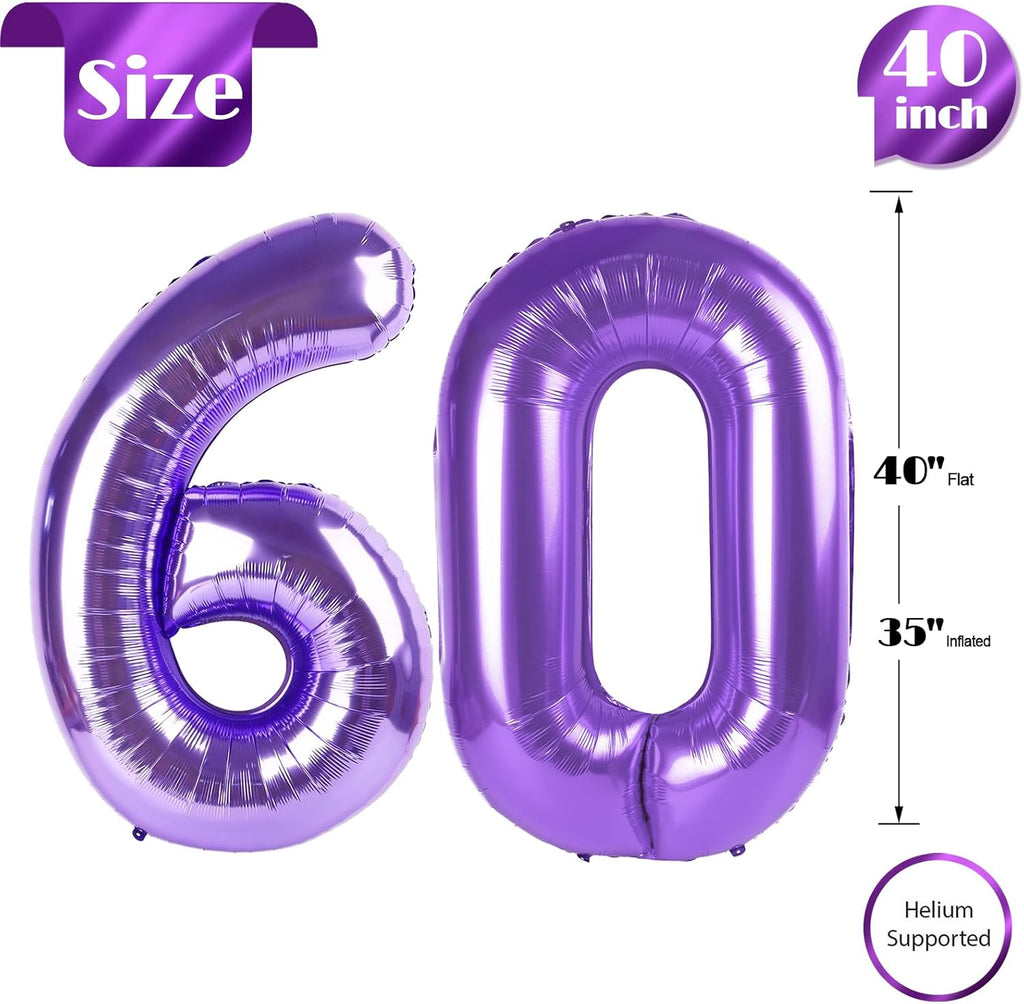 Purple Number 60 Balloon - 40 Inch Giant Foil Decoration for 60th Birthday Party Supplies