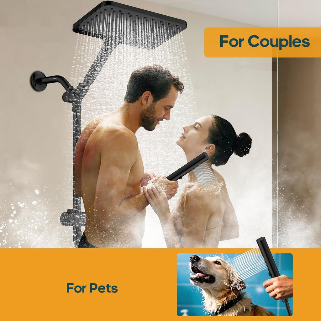 Skiennix High Pressure Rain Shower Head - 10 Inch Square Rainfall Shower System with Handheld Combo, Matte Black