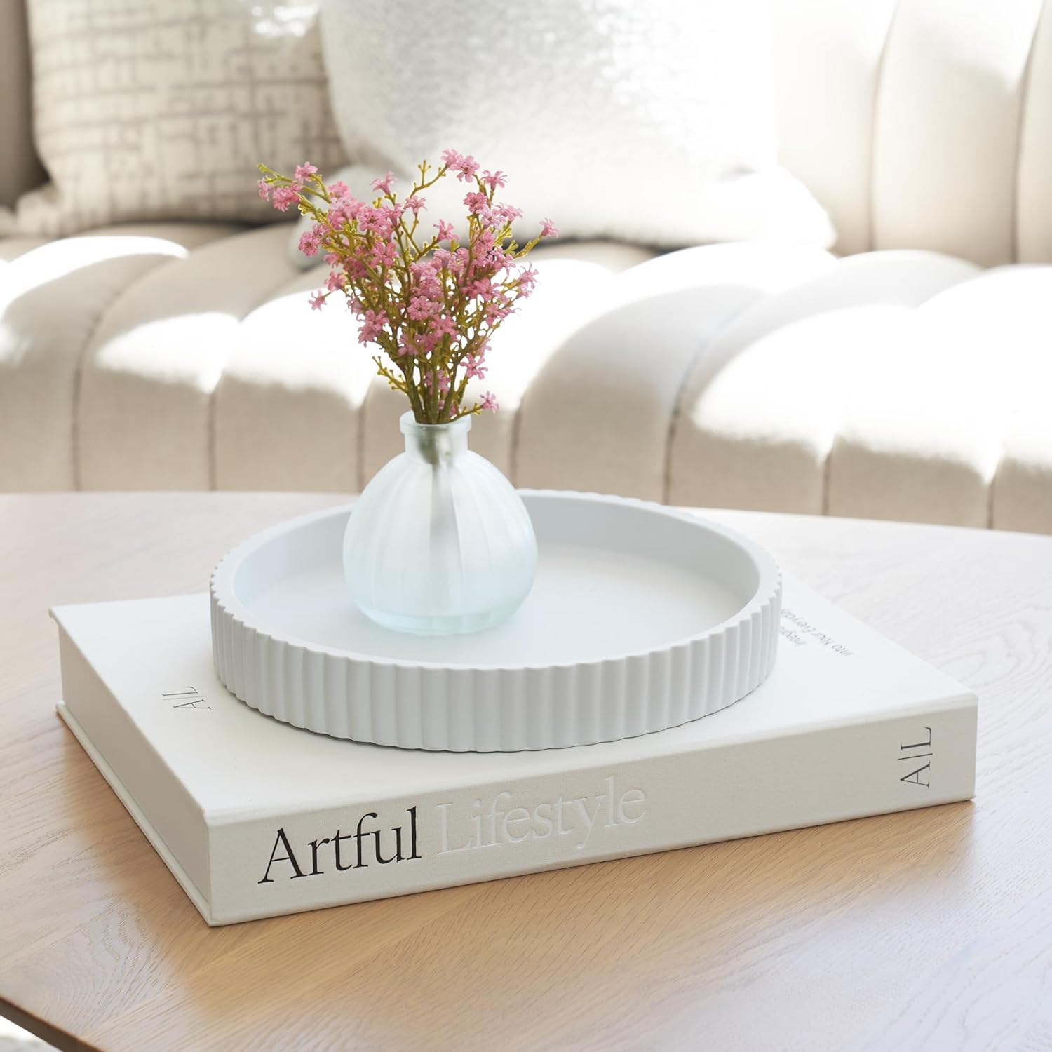 Skiennix Decorative Concrete Tray Set - Scalloped Tray & Linen Box for Stylish Home Decor | Perfect for Living Room or Housewarming Gift