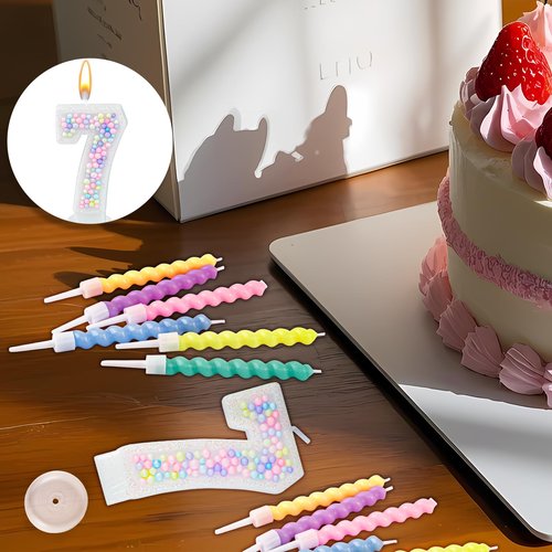Zuiaso Number Birthday Candle with 12PCS Spiral Candles and A Birthday Card - Perfect for Celebrating Birthdays (Macaron Glitter, Number 7)