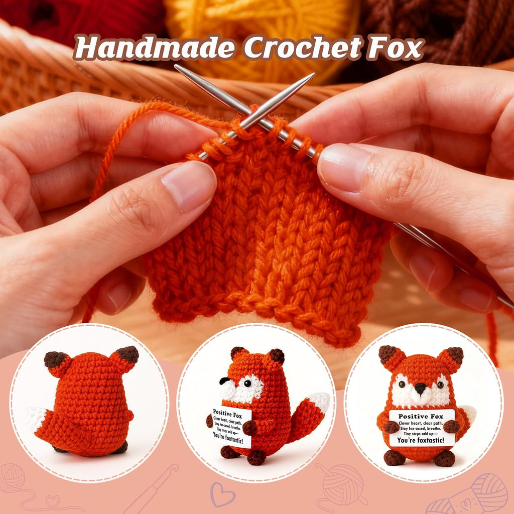 Positive Focus Mini Crochet Fox Plush | Kawaii Desk Decor with Pun Card for Year-Round Gifts