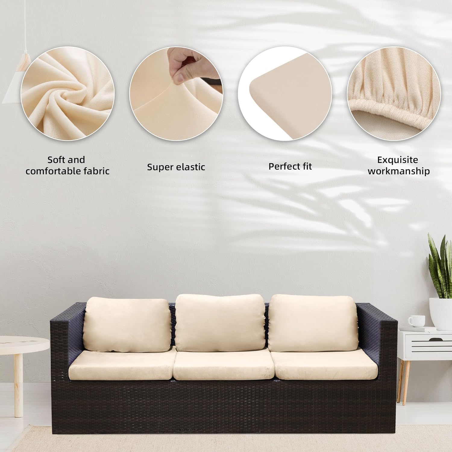 BIETYONE 8Pcs Stretch Velvet Patio Cushion Covers - Fluffy Washable Slipcovers for Fall Outdoor Decor | Beige