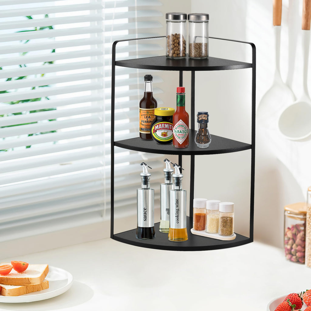 OKLILIYA 3 Tier Corner Bathroom Counter Organizer, Countertop Organizer, Makeup Organizer Countertop, Bathroom Storage Sink Shelf, Wooden and Metal Counter Shelf (Large Capacity-Black)