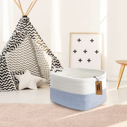 Comfy-Homi Cotton Rope Woven Storage Basket - Stylish Organizing Bin with Handles | 13.5"x11"x9.5" | White/Blue