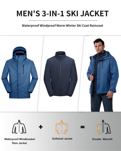 33,000ft Men's Waterproof Jacket Insulated Warm 3-in-1 Ski Snow Winter Coat Windproof Softshell Fleece Raincoat