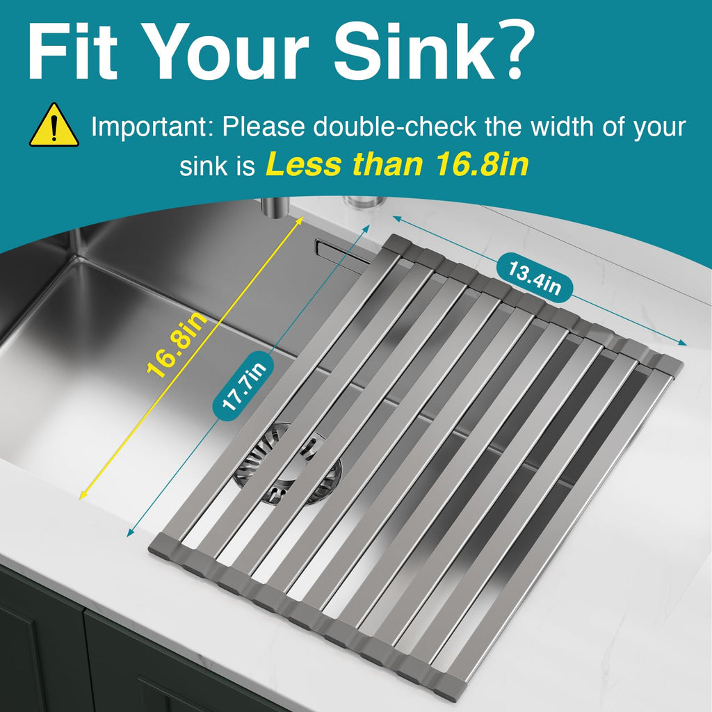 COOL-ANGLE Aluminum Roll Up Dish Drying Rack Over The Sink, 17.7" x 13.4" Rust-Proof Foldable Dish Drainer Mat, Heat Resistant Trivet & Kitchen Sink Cover, Fits Sinks up to 16.8" Wide, Matte Gray