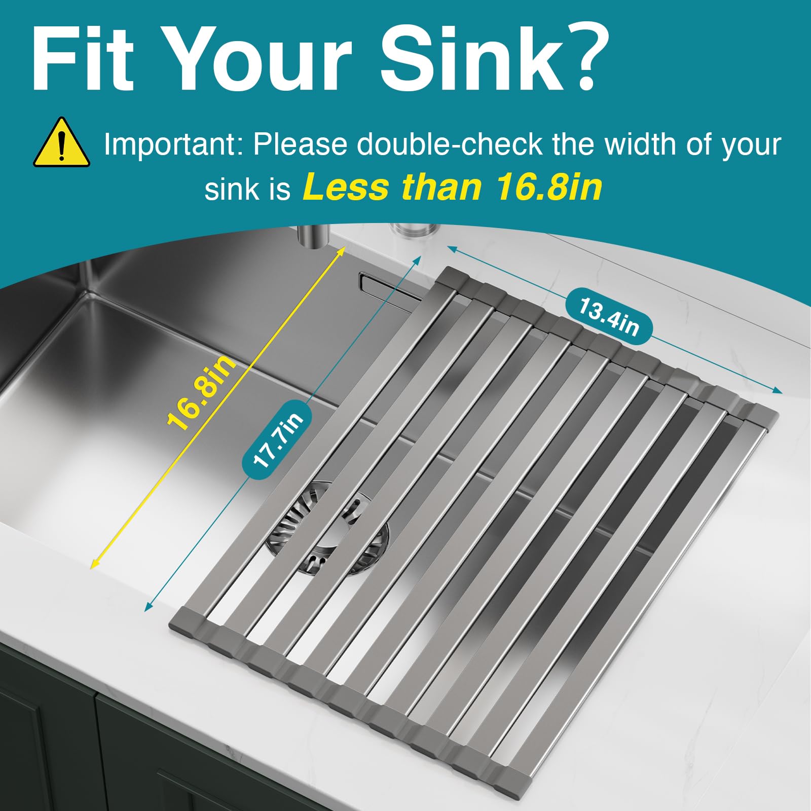 COOL-ANGLE Aluminum Roll Up Dish Drying Rack Over The Sink, 17.7" x 13.4" Rust-Proof Foldable Dish Drainer Mat, Heat Resistant Trivet & Kitchen Sink Cover, Fits Sinks up to 16.8" Wide, Matte Gray