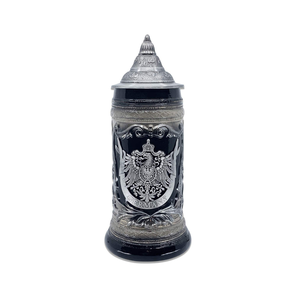 OktoberfestHaus German Adler (Eagle) Stein Mug With Lid - 1 Liter Charcoal Black Ceramic Beer Stein With Metal Emblem - Collectible Bier Krug for Men, Beer Lovers Gift