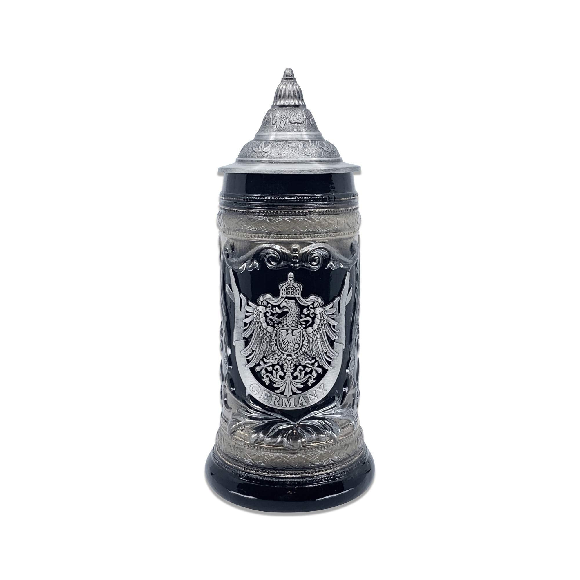 OktoberfestHaus German Adler (Eagle) Stein Mug With Lid - 1 Liter Charcoal Black Ceramic Beer Stein With Metal Emblem - Collectible Bier Krug for Men, Beer Lovers Gift