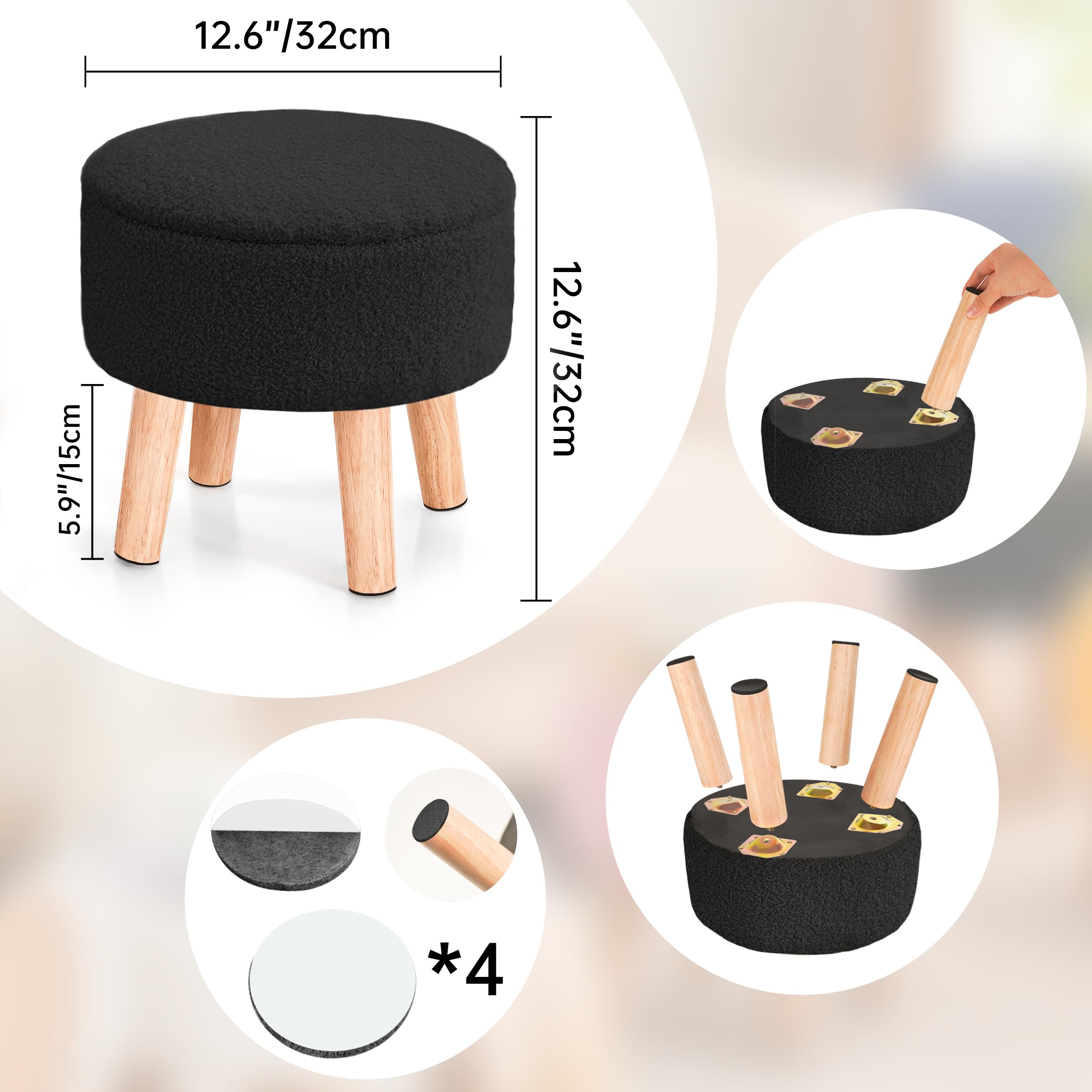 Poofzy Small Ottoman with Storage, Small Foot Stool Ottoman with Wood Legs, Sherpa Foot Rest for Couch, Living Room and Bedroom - White