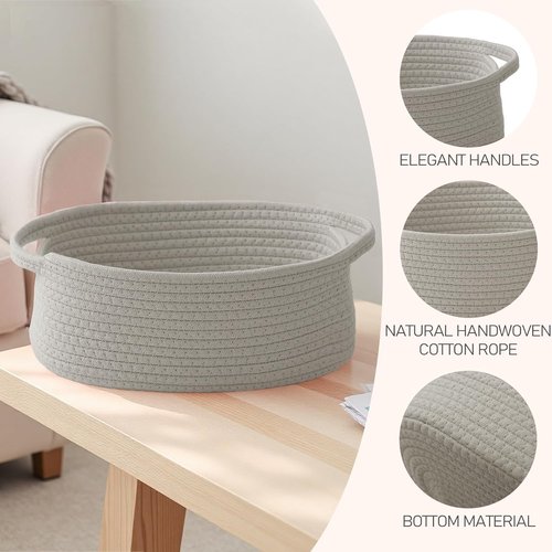 JMvicyroam Woven Basket - Small Rope Storage Bin with Handles for Organizing Shelves & Closets | Grey