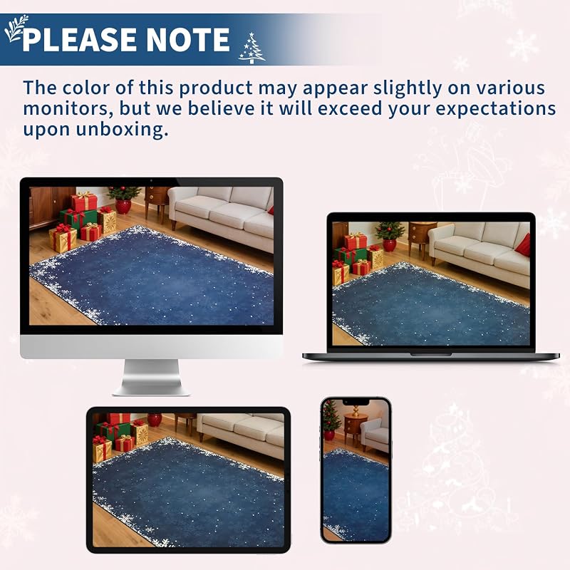 5' x 7' Xmas Snow Blue Non-Slip Area Rug - Machine Washable Holiday Living Room Carpet