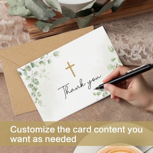 CYGGUN 25 Pack Religious Blank Cards with Envelopes, 4 x 6 Inch Cross Watercolor Eucalyptus Leaves Greeting Card with Envelopes for Baptism, Prayer, Christening, Wedding, First Communion