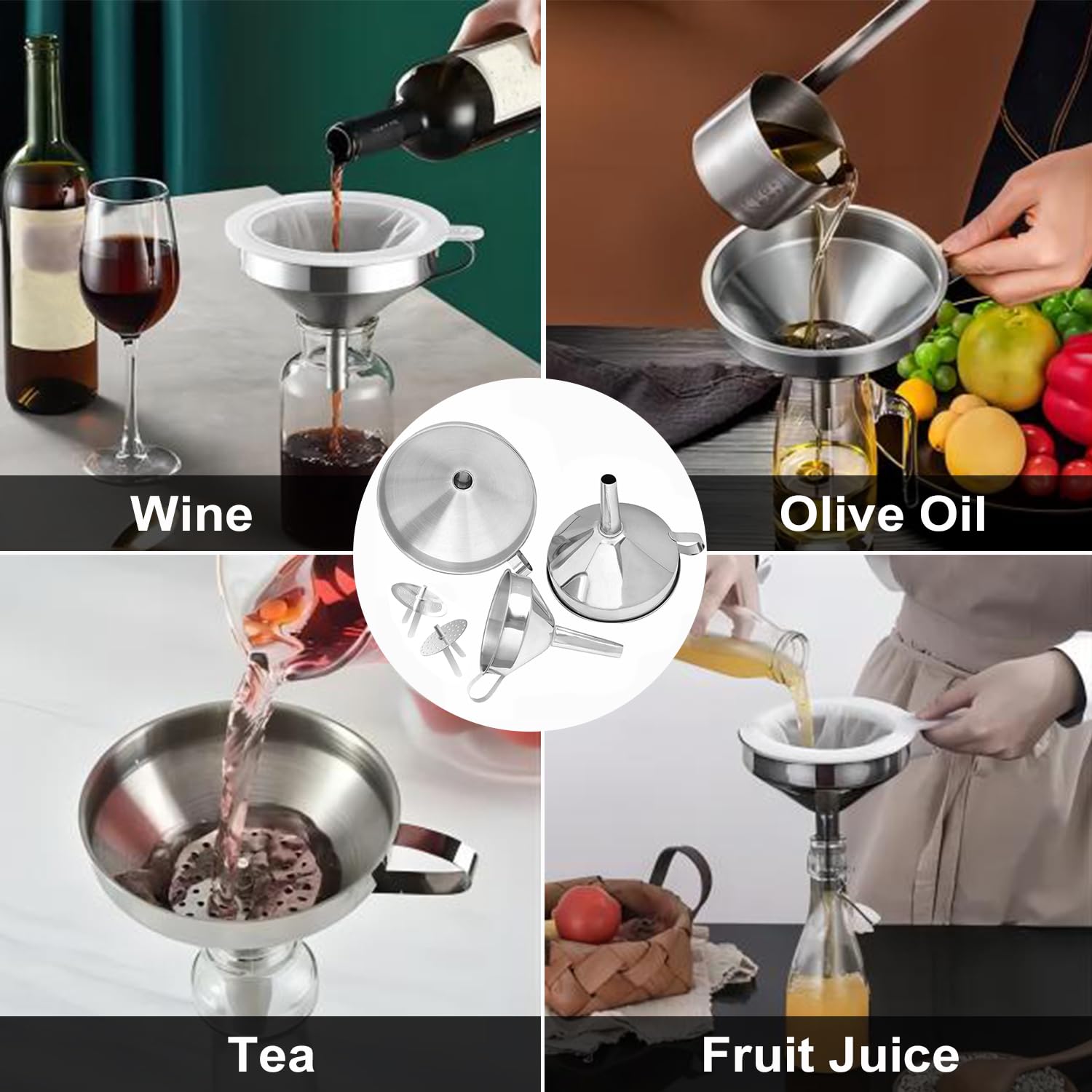 Lmoszuak Stainless Steel Funnels for Kitchen use,5 Different Sizes of Kitchen funnels,Metal Funnel with 2 Removable Strainer,Cleaning Brush,200 Mesh Food Filter,for Transferring of Liquid,Oils,Jam