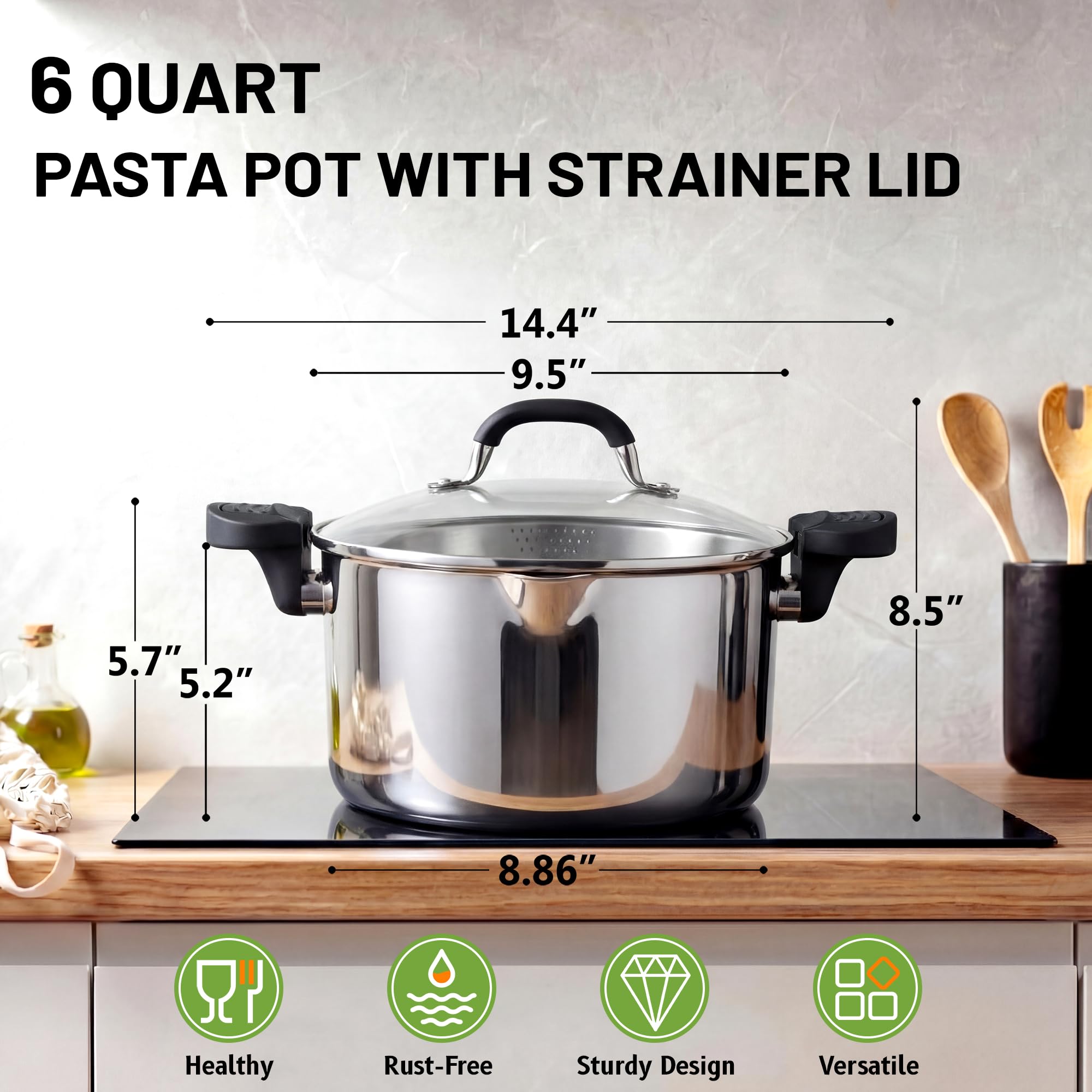 E-far Pasta Pot with Strainer Lid, 6 Quart Tri-Ply Stainless Steel Stock Pot & Push and Lock Handles, Non-toxic Multipurpose Cooking Pot for All Cooktops, Heavy Duty & Dishwasher Safe