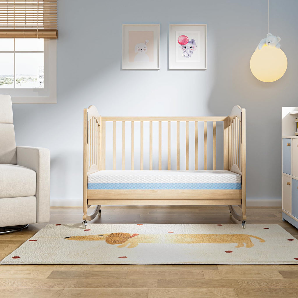 Dourxi Mini Crib Mattress, 38x24X4 Inch Dual Sided Comfort Gel Memory Foam, Breathable Premium Baby Mattress for Mini and Portable Cribs w/Removable Outer Cover - White&Blue